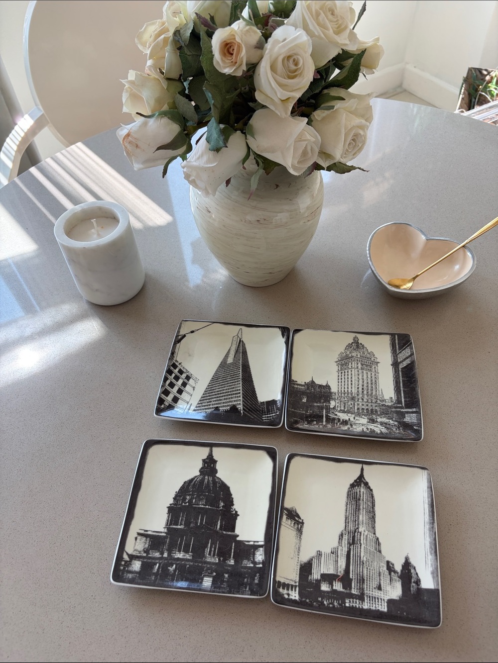 Pottery Barn Black and White Cityscape Ceramic Coasters (Set of 4)
